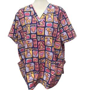 Cherokee 2XL Hearts Dogs Bones Puppies Vet Cotton Blend Purple Pink Scrub Top